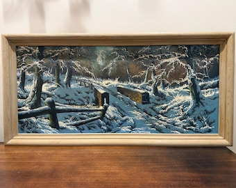 Ray Hendershot, pintura al óleo original, paisaje nevado, enmarcada, 39x19