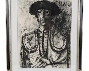 Vintage Matador Charcoal Drawing, Mid Century Modern Art, Signed 34.5” x 28”