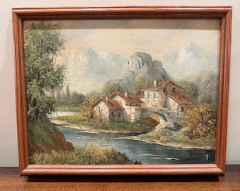 Pintura al óleo de paisaje de la escuela italiana del siglo XIX, Casa de campo y puente, 15,5 x 12