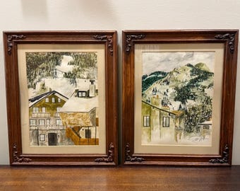 Vintage Ski Lodge Watercolors by Sherry Hoffman - Framed Pair