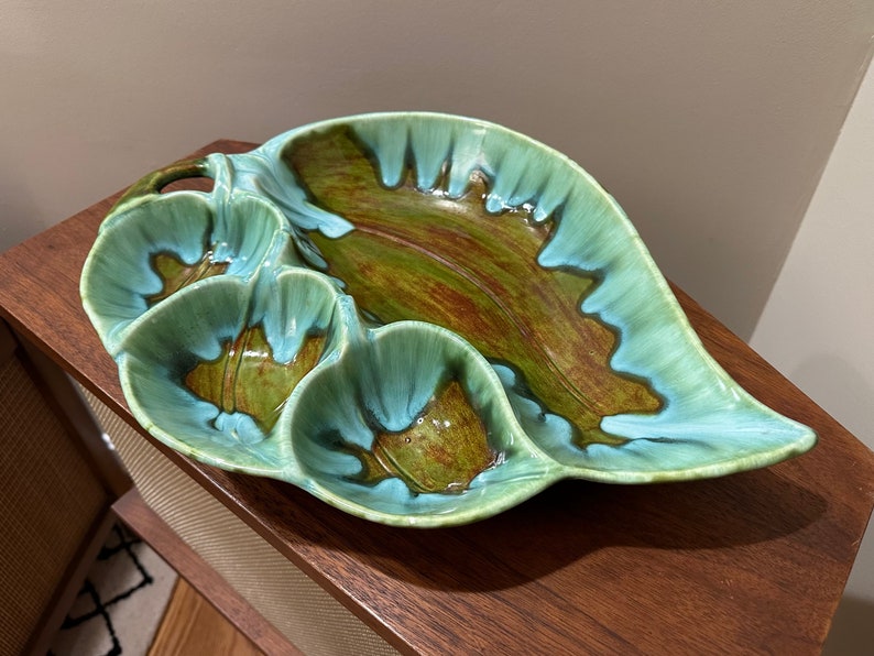 Glazed Ceramic Green Leaf MCM Ashtray, Studio Pottery Signed 1971 Free Shipping image 5