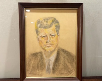 Dibujo enmarcado de John F. Kennedy: Retrato artístico de la década de 1960 (45,7 x 34,5 cm)