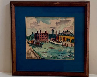 Samuel Grunvald Mid Century Signed Harbor Watercolor 14.5” x 14”