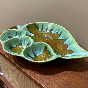 Glazed Ceramic Green Leaf MCM Ashtray, Studio Pottery Signed 1971 Free Shipping image 2