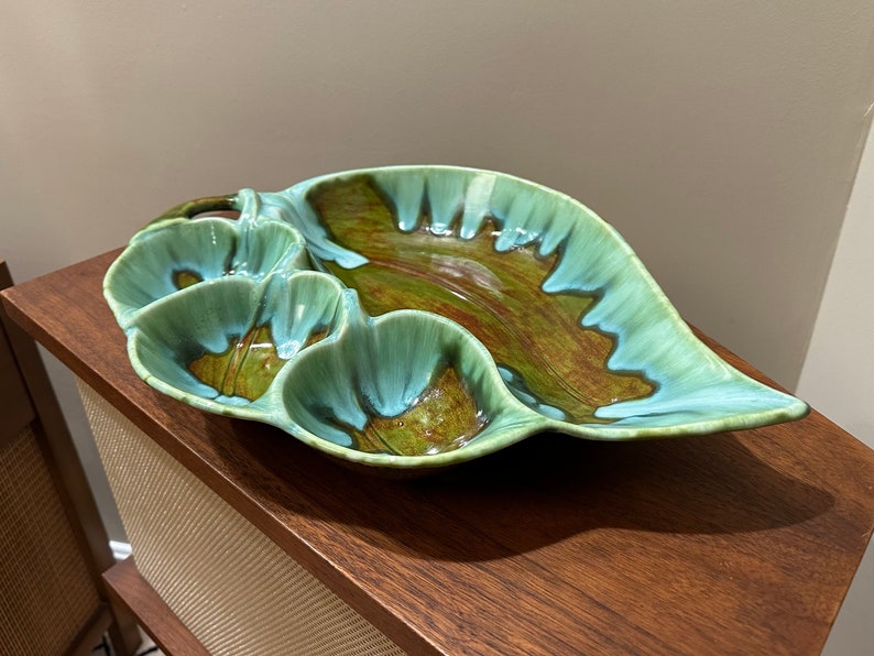 Glazed Ceramic Green Leaf MCM Ashtray, Studio Pottery Signed 1971 Free Shipping image 2