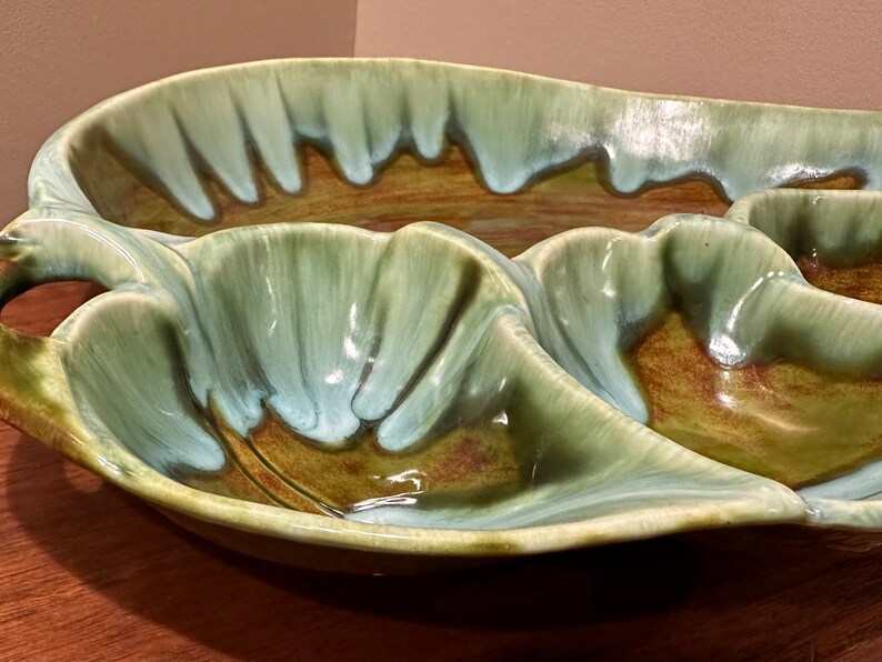 Glazed Ceramic Green Leaf MCM Ashtray, Studio Pottery Signed 1971 Free Shipping image 3