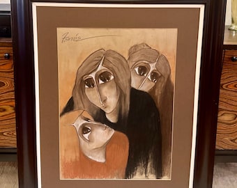 Vintage Charcoal Portrait Mid Century Modern Framed Art, Tomás 40.5” x 33.5”