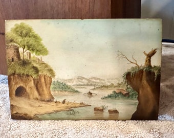 19th Century Mountain Lake Small Naive Oil Painting on Beard - Free Shipping