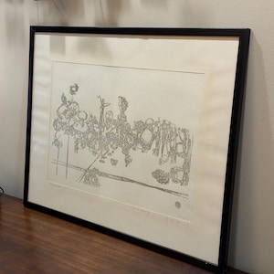 May include: Framed artwork featuring a detailed, abstract pen and ink drawing. The artwork, in shades of gray, depicts a complex arrangement of organic shapes and lines, framed in a black wooden frame. The artwork is displayed on a wooden surface.