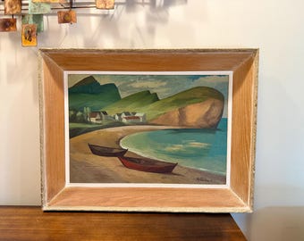 Vintage Percé Rock Coastal Oil Painting - Mid Century Landscape 35” x 28”