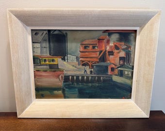 Vintage Industrial Harbor Oil on Board Painting Signed 1960s