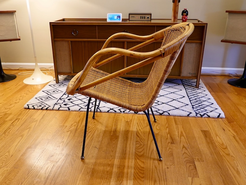 Free Shipping Vintage Mid-Century Modern Rattan & Sculpted Bamboo Hoop Chair With Iron and Brass Legs image 5