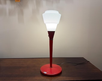 1960s Atomic Red Desk Lamp with Ribbed White Glass Shade