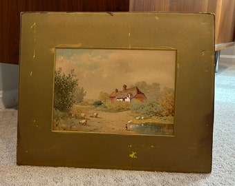 Victorian 19th Century English / American Naive Watercolor Painting on Board Farm Sheep - Free Shipping