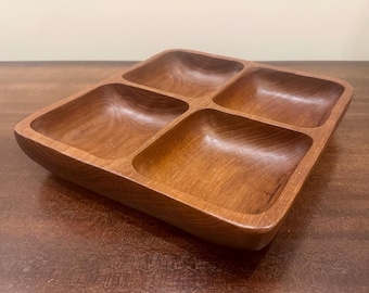 Vintage Mid Century Modern Teak Wood 4 Slot Snack Tray 10 Inch Square