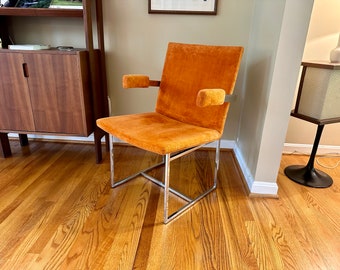 Modern Milo Baughman Chrome Floating Frame Dining Arm Chair, Orange, 1970s - Free Shipping