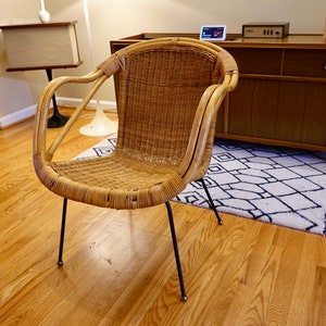 Free Shipping Vintage Mid-Century Modern Rattan & Sculpted Bamboo Hoop Chair With Iron and Brass Legs image 1