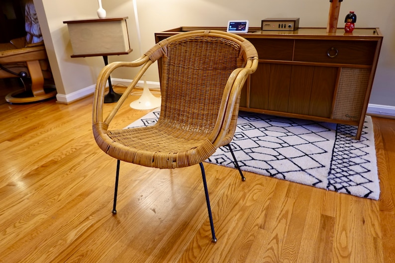 Free Shipping Vintage Mid-Century Modern Rattan & Sculpted Bamboo Hoop Chair With Iron and Brass Legs image 1