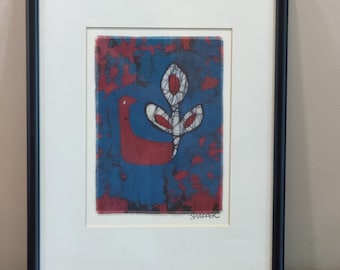 Vintage Textile Art Framed Mid Century Bird Batik 1970’s, 13.5” x 11”