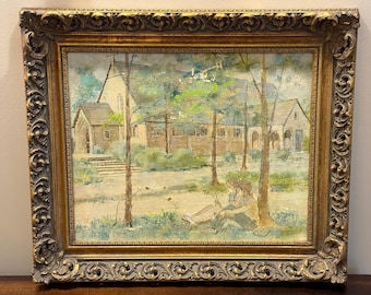 William Benecke Mid Century Oil Painting Children at Church 22” x 26”