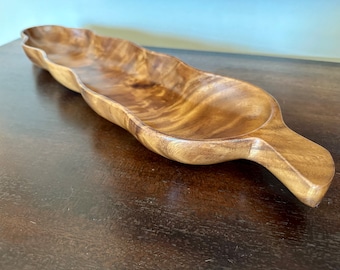 Vintage 1970s Hand Carved Walnut Peapod Bowl