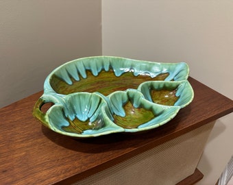 Glazed Ceramic Green Leaf MCM Ashtray, Studio Pottery Signed 1971 - Free Shipping
