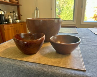 Vintage Hand Turned Walnut or Afromosia Wood Bowl Trio - Free Shipping