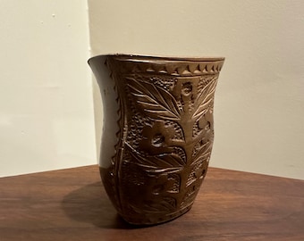 Hand Carved Walnut Vase: Vintage Yugoslavian Folk Art