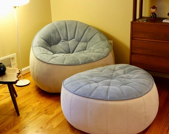 Ligne Roset Swivel Chair and Ottoman Alcantara Blue abd Cream Fabric - Free Shipping