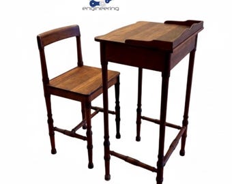 Escritorio y silla antiguos de caoba para escuela infantil, conjunto de escritorio para niños de la década de 1900.