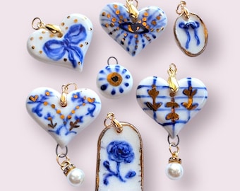 Delft Porcelain Heart Pendant: 22K Gold Detail, Handmade Ceramic Charm
