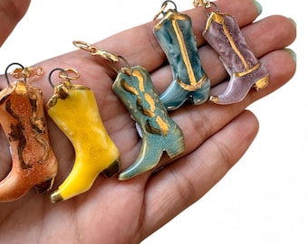 Handmade Porcelain Cowboy Boot Pendant: Rustic Western Charm Necklace