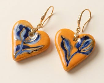 Hand-Painted Porcelain Heart Earrings with Blue Floral Design and Gold Detail
