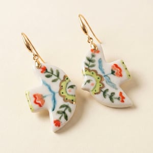 Hand Painted Porcelain Dove Earrings 22k Gold Lustre • Ceramic Bird Jewelry • Floral Folk Art Dangles • Unique Nature Lover Gift for Her