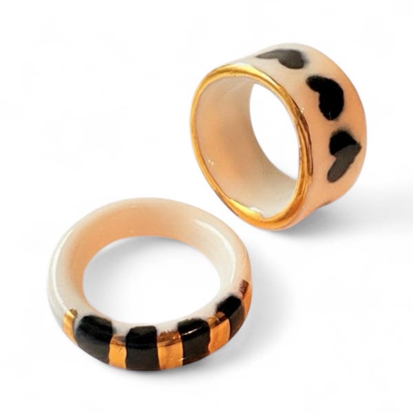 Handmade Porcelain Ring, Black Hearts, Gold Rim, customized ceramic ring