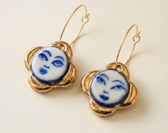 Hand-Painted Porcelain Gold Flower Face Earrings: 22K Gold Accents