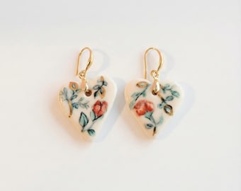 Hand-Painted Heart Porcelain Earrings – Vintage Rose Botanical Jewelry