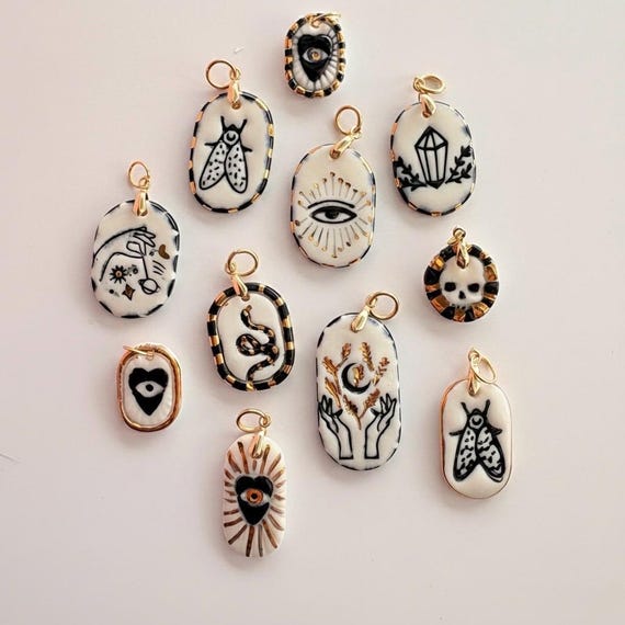 Handmade Ceramic Mystical Charms Black White, Symbolic Jewelry Charms, Journal Charm Pendant