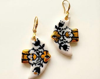 Handmade Porcelain Bird Earrings: Floral, 22K Gold Accent
