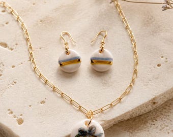 Conjunto de collar con colgante de cerámica, cadena de clip de papel chapada en oro limón pintada a mano, pendientes colgantes hechos a mano, regalo de joyería minimalista artística