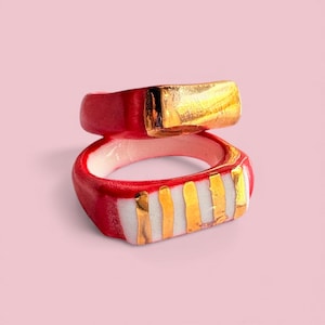 Hand-Painted Porcelain Sun Statement Ring Red & Gold Design Size 9 US