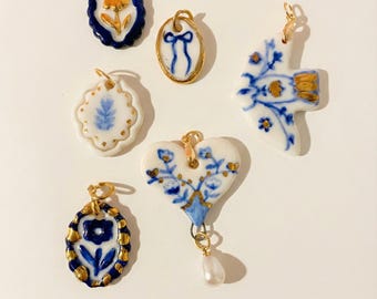 Delft Porcelain Heart Pendant: 22K Gold Detail, Handmade Ceramic Charm. Journal Charm