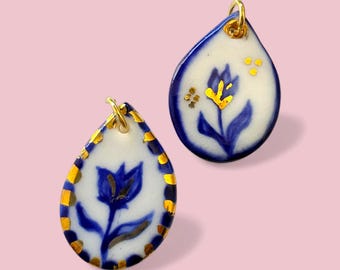 Handmade Porcelain Teardrop Pendant – Blue and Gold Tulip Design, Ceramic Floral Charm