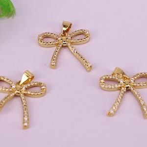 HOT 10Pcs 18x20mm Gold plated Bow shape Copper Metal White CZ /Zircon beads connector pendant / bracelet /necklace/Earring,Jewelry Findings