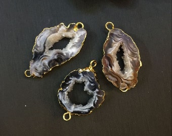 HOT 3pcs Gold plated Stripe color Round Agate Druzy Geode connector bracelet,Drusy Crystal Gem stone pendant Beads, Jewelry findings