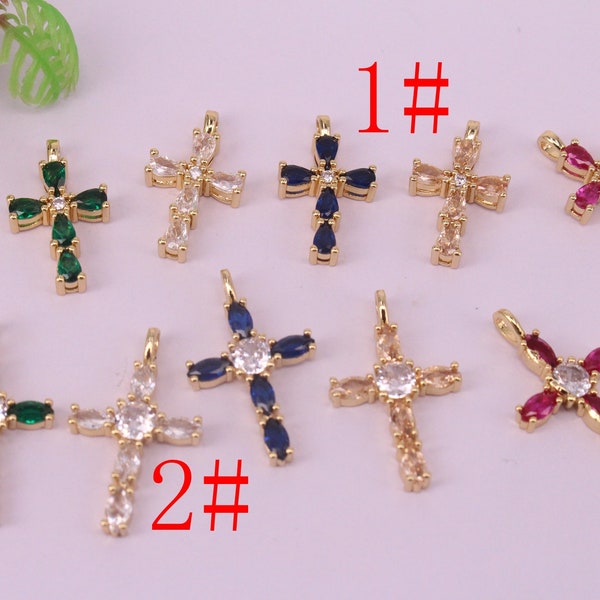 HOT 10Pcs plaqué or 2 style croix forme cuivre métal mélangé CZ / perles de zircon connecteur pendentif / collier / breloque / boucle d'oreille, résultats de bijoux