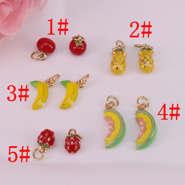 HOT 10Pcs 8-11mm Gold plated Enamel Tomatoes/Pineapple/Banana/Watermelon/Strawberry Copper beads connector pendant/Earring/necklace/Charm