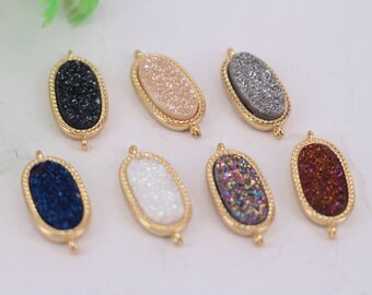 HOT 7pcs 10x16mm Gold plated Mixed color Oval Shape Natural Druzy Agate crystal connector bead, Gem stone Pendant Beads,Jewelry findings