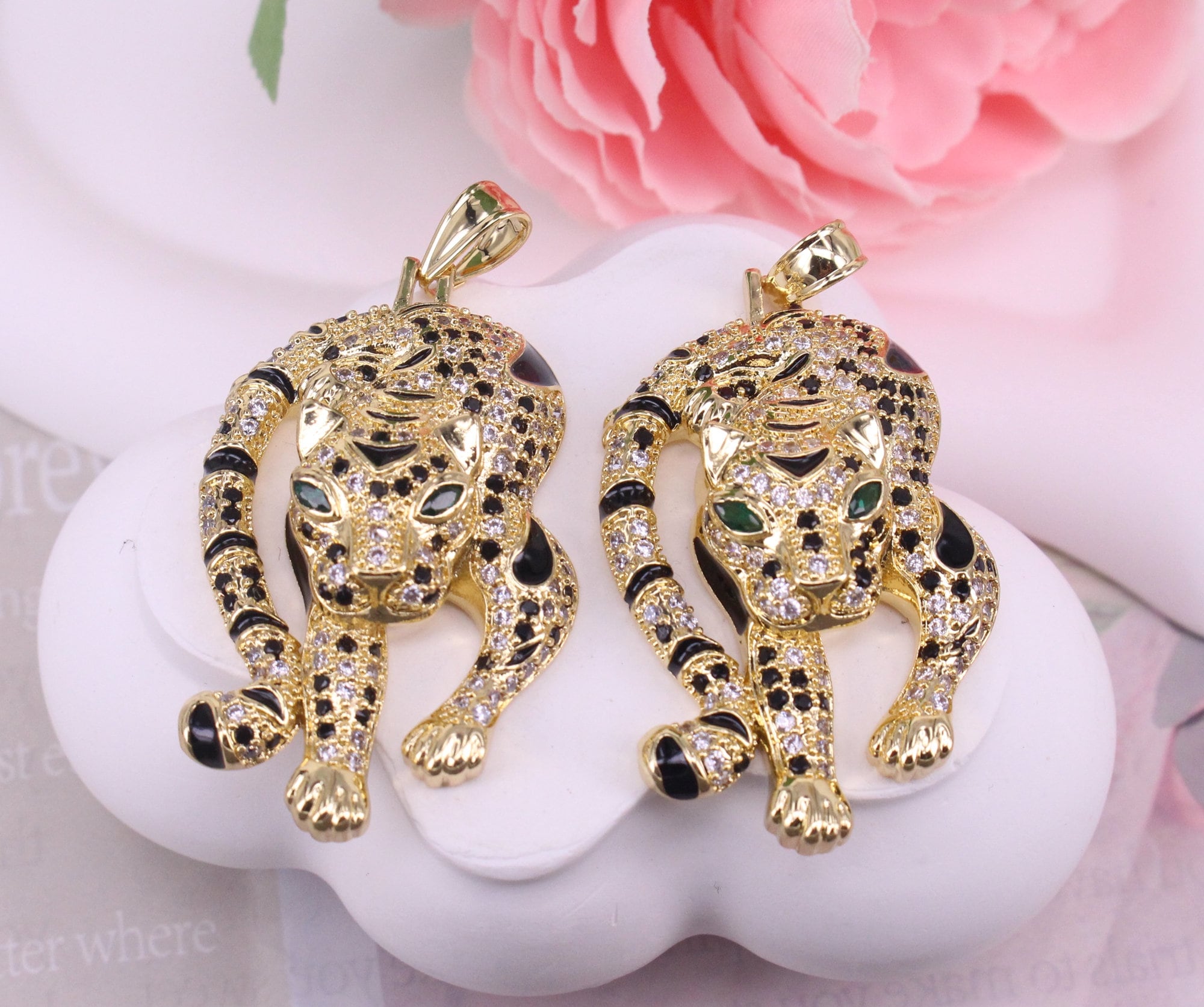 HOT 5pcs 27x50mm Gold Plated Tiger/leopard Black Enamel