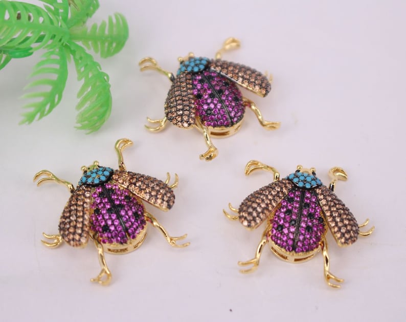 HOT 5-10Pcs 26x29mm Gold plated Beetle shape Copper Metal Mixed CZ Zircon beads connector pendant bracelet necklace Jewelry Findings